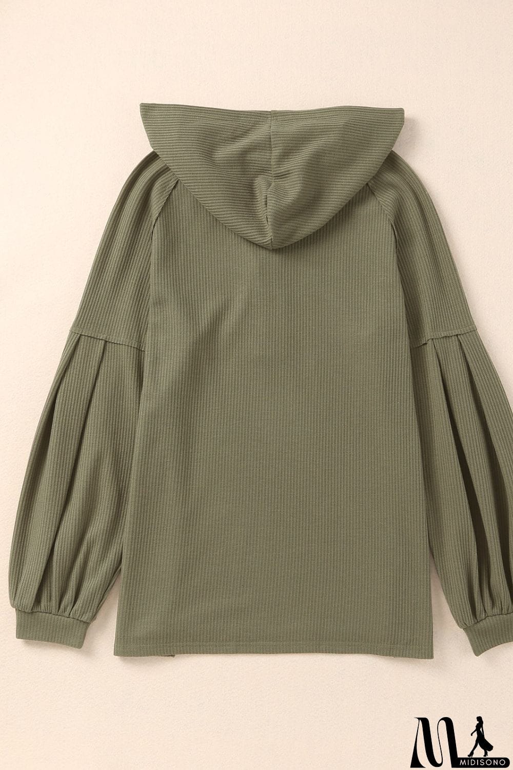 MidiSono - Puff Sleeve Side Slit Buttoned Waffle Knit Hoodie