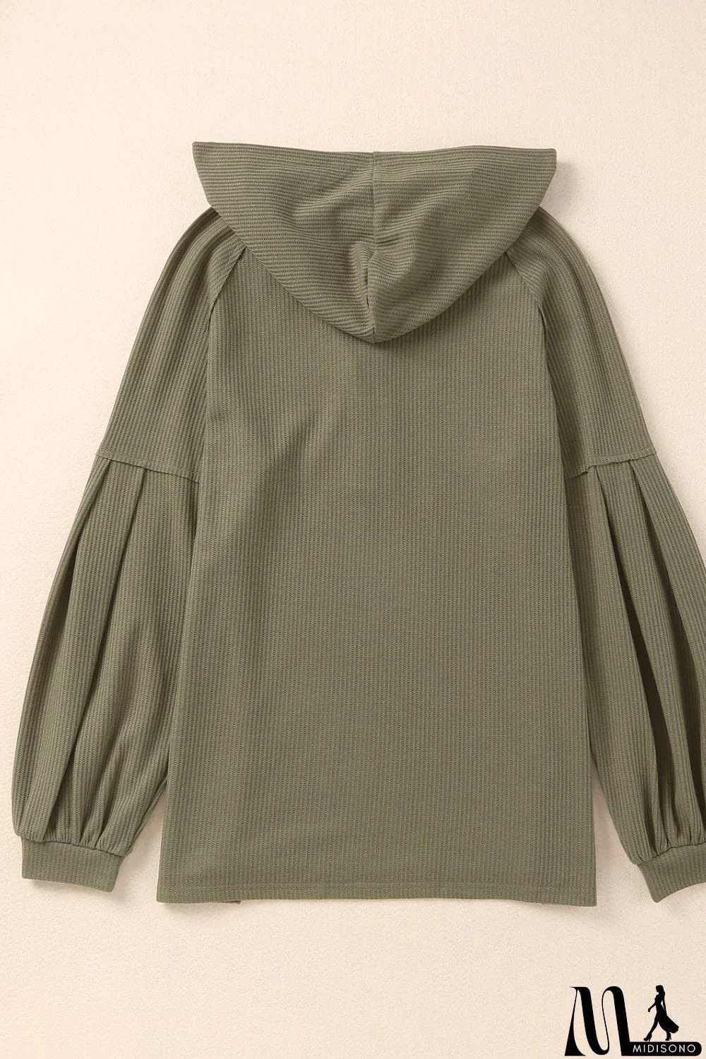 MidiSono - Puff Sleeve Side Slit Buttoned Waffle Knit Hoodie