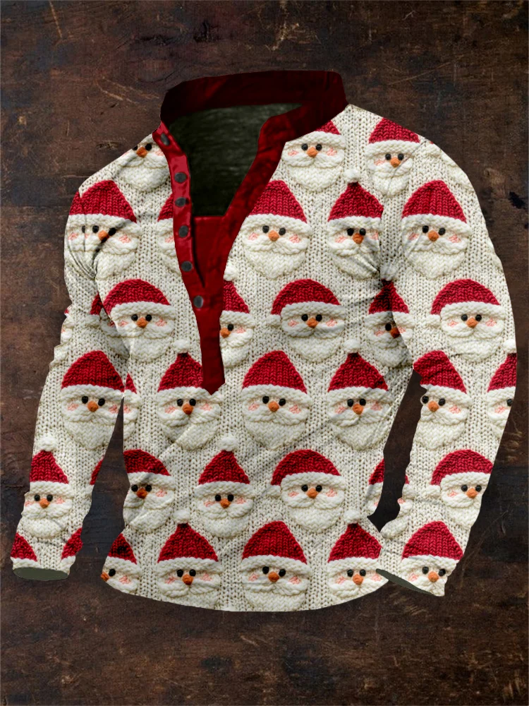 Men's Vintage Christmas Santa Claus Embroidered Henley Shirt