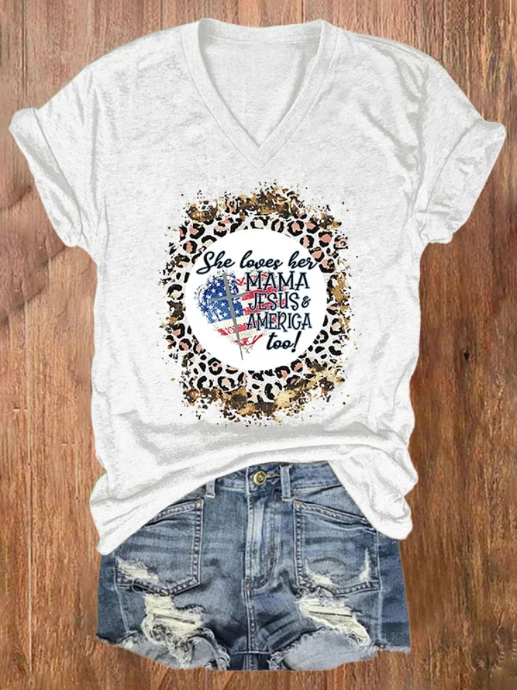 Comstylish V-neck Retro Leopard She Loves Her Mama Loves Jesus And America Print T-Shirt