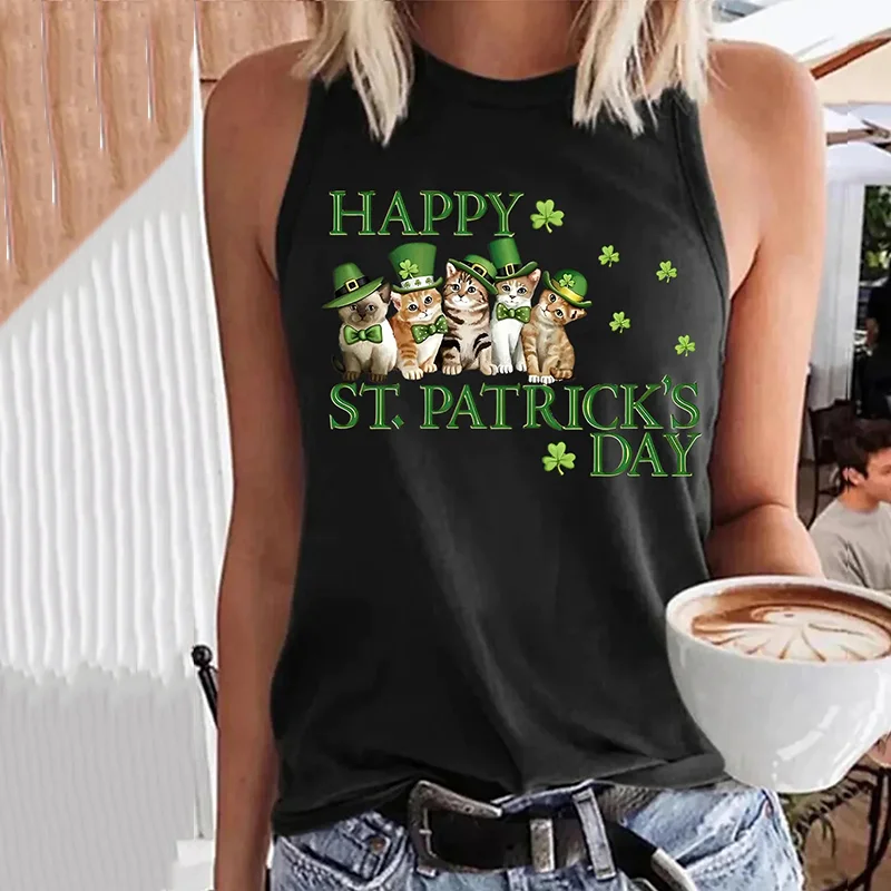 St. Patrick's Day Cat Print Sleeveless Tank Top
