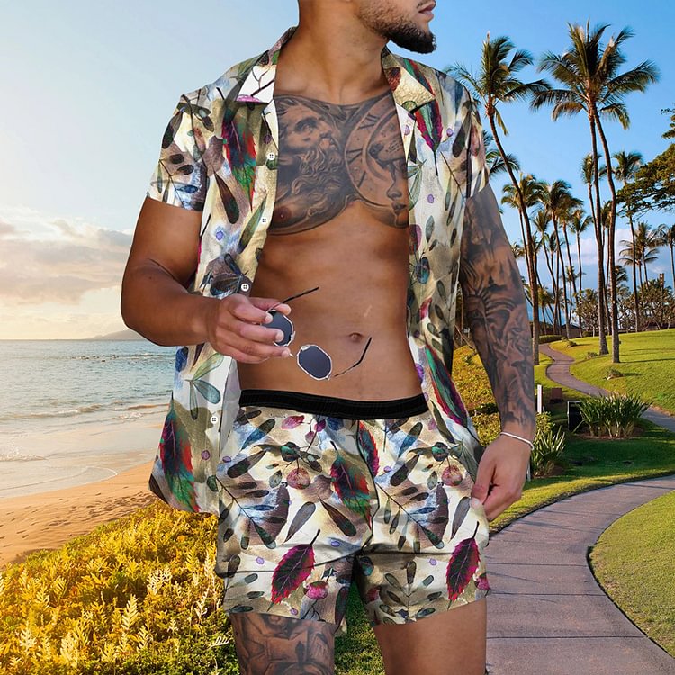 BrosWear Light Khaki Feathers Print Beach Shirt And Shorts Co-Ord