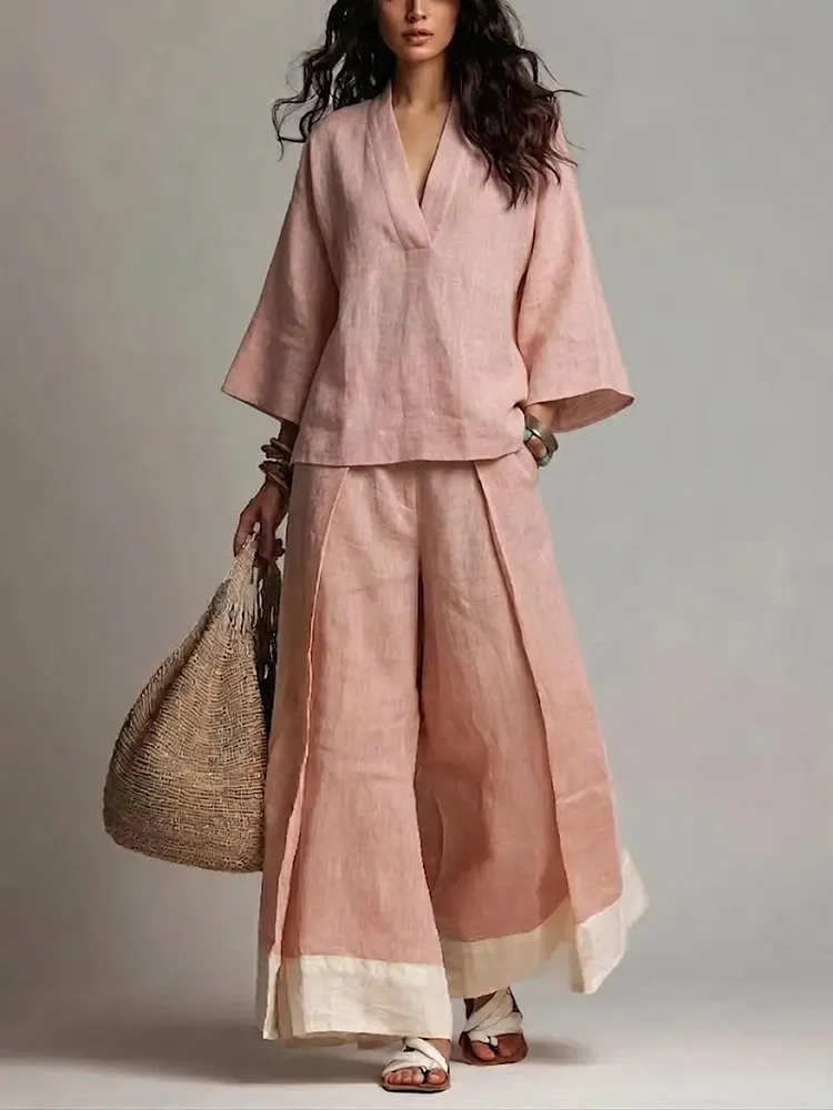 Loose Plus Size Contrast Color Pleated Pockets V-Neck Two Pieces Set