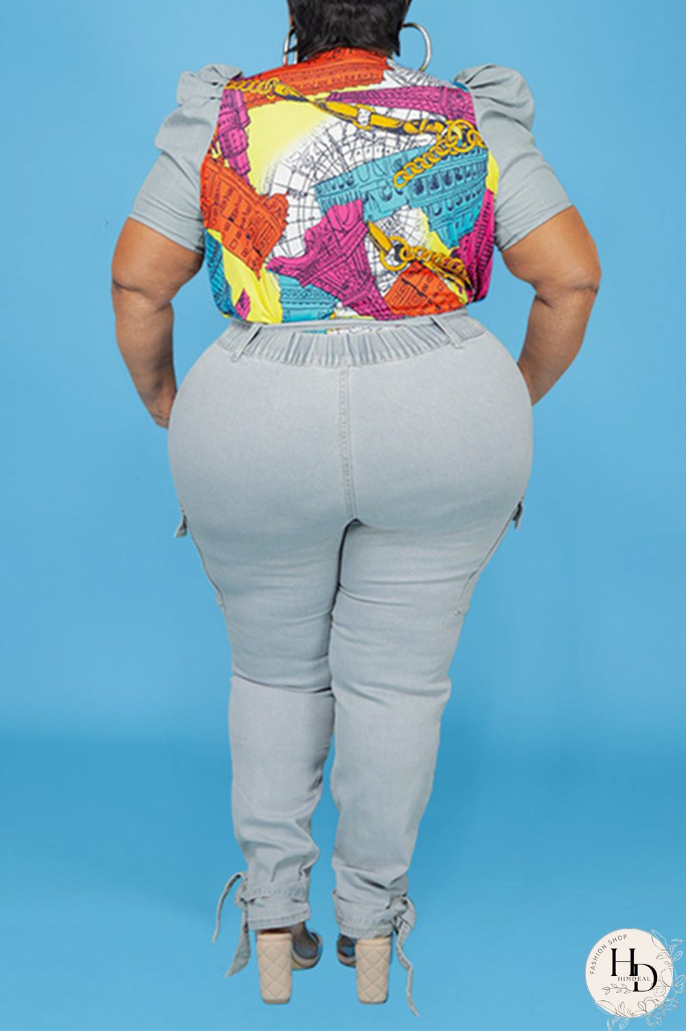 Baby Blue Fashion Casual Print Split Joint V Neck Plus Size Two Pieces