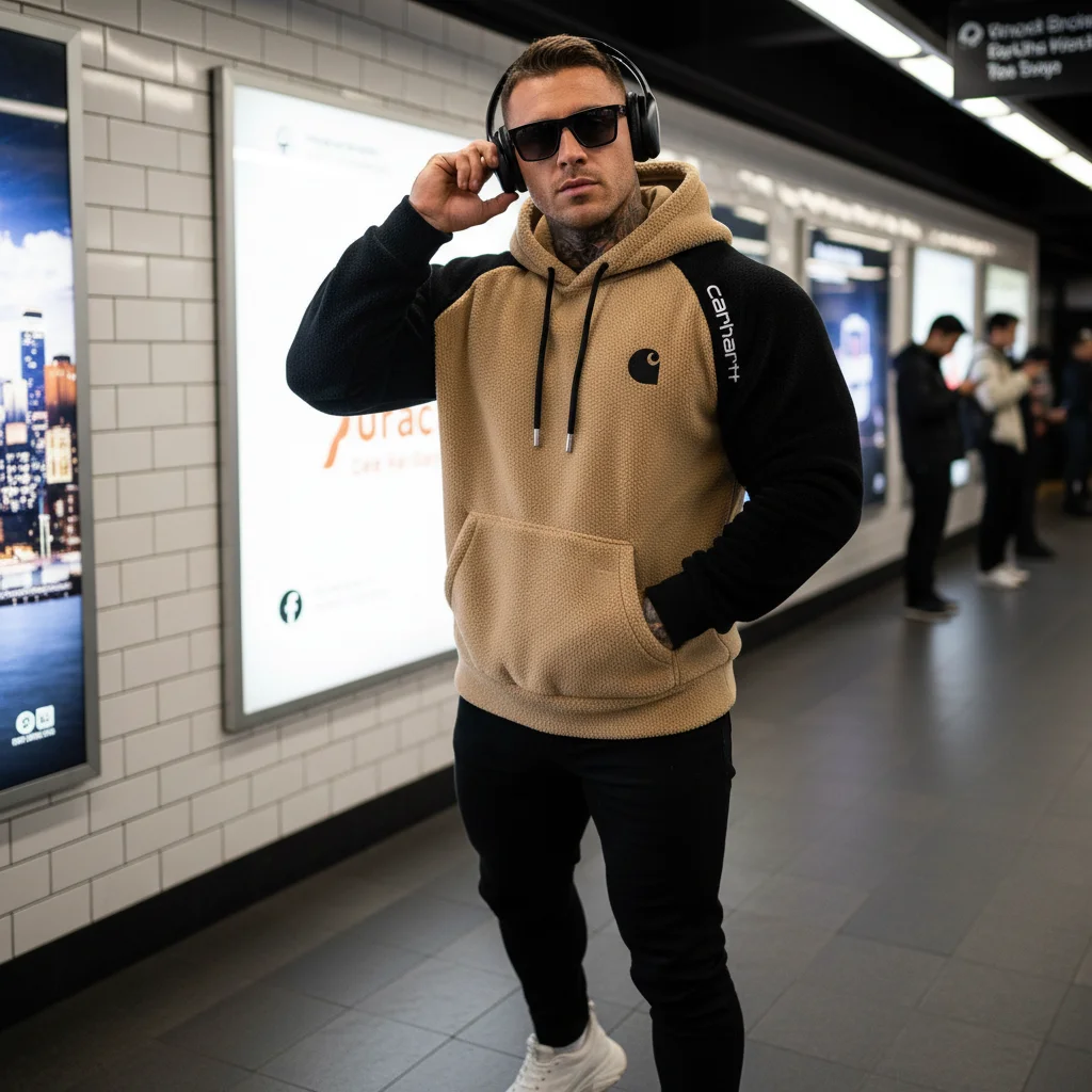 Men's Vintage Western Cowboy Embroidered Contrast Fleece Raglan Sleeve Pocket Hoodie