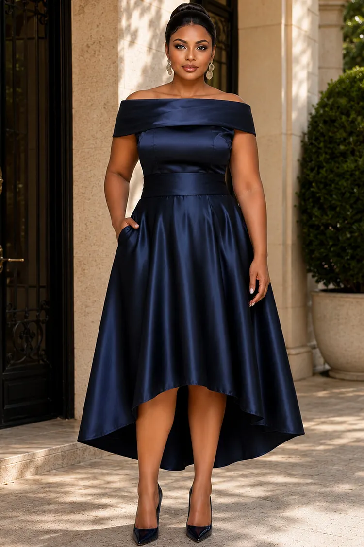 Xpluswear Design Plus Size Wedding Guest Elegant Navy Blue Off The Shoulder Short Sleeve Asymmetric Hem Pocket Satin Midi Dresses [Pre-Order] 2024 - Xpluswear