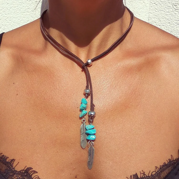 Olivenorma Turquoise Leather Cord Alloy Feather Pendant Necklace
