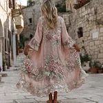 Women's Bohemian Pink Floral Embroidered Art Casual Linen Blend Long Cardigan - Image 2