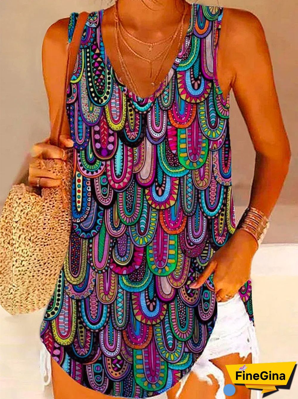Women's Colorful Sleeveless V-Neck Graphic Printed Top