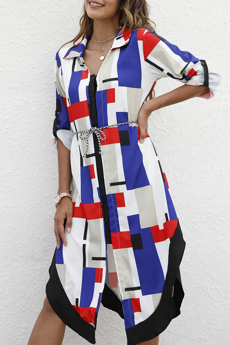 Fashion Street Print Split Joint Turndown Collar Irregular Dresses