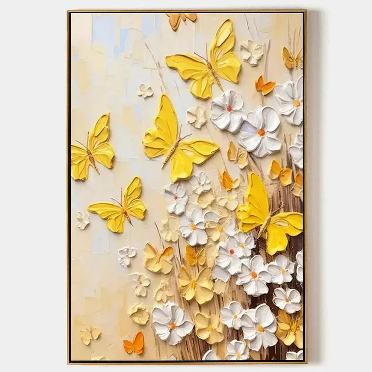 GOLDEN BUTTERFLIES: Textured Butterfly and Floral Painting, Yellow and White Wall Art, Vertical Canvas, Impasto Decor（Canvas painting）