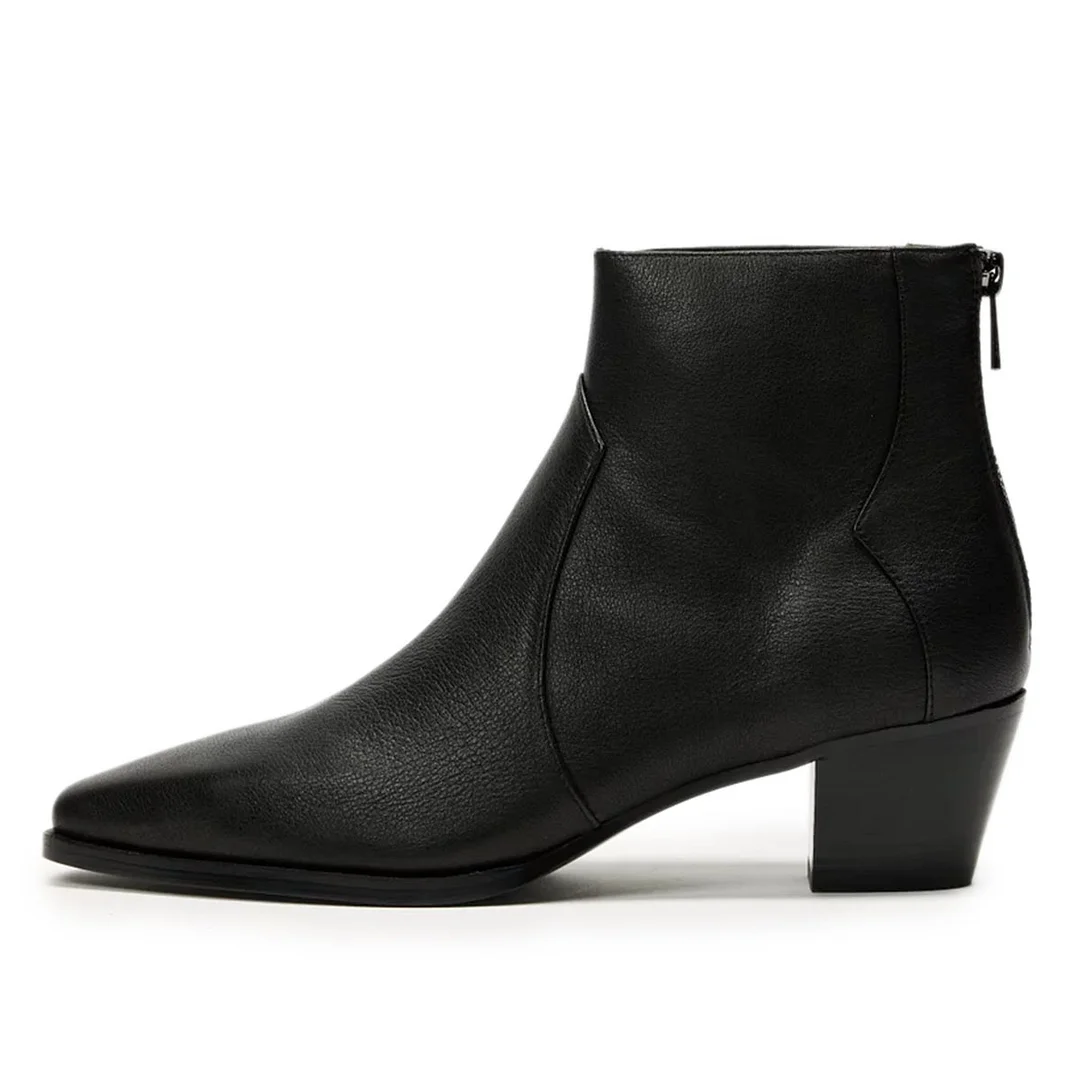 Snip Toe Vegan Leather Back-Zip Block Heel Black Ankle Booties