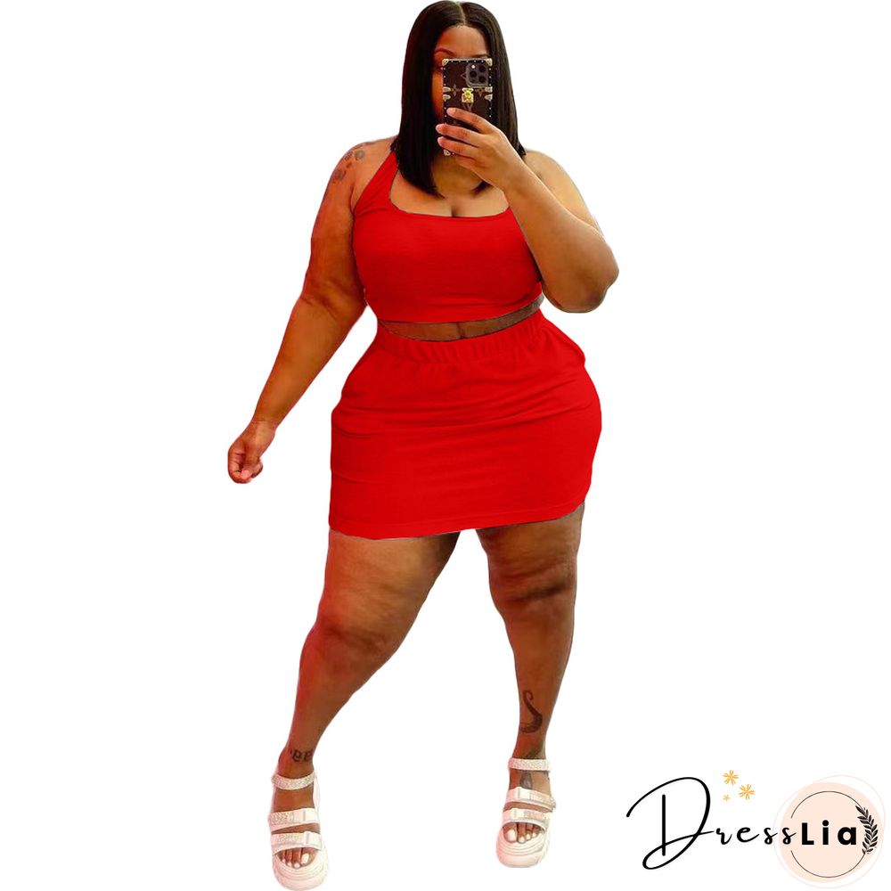 Plus Size Summer Solid Women Square Neck Sleeveless Crop Top+Elastic Waist Mini Skirt 2 Piece Set