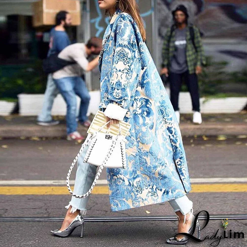 Fall Women's Long Sleeve Turndown Collar Jacket Printed Coat