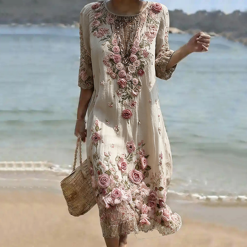 Women's Vintage Floral Art Linen Blend Loose Three-quarter Sleeve Dress wearshes