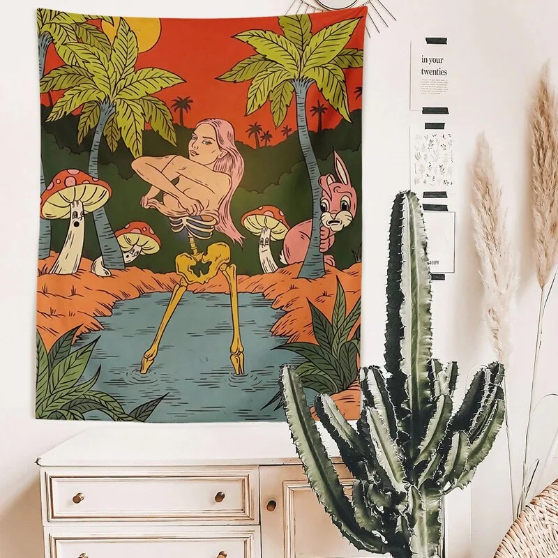 Psychedelic Skull Tapestry Wall Hanging mushroom girl rabbit sun Tapestries Human Skeleton Home Decor Accessories Room Dorm