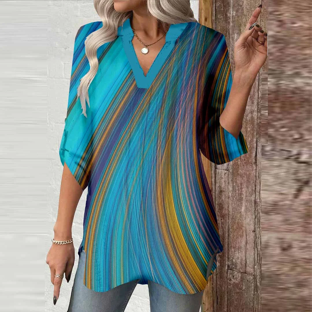 Women Abstract, Blue, Yellow DZGA0642 3/4 Sleeve V-neck Printed Graphic Button Tops