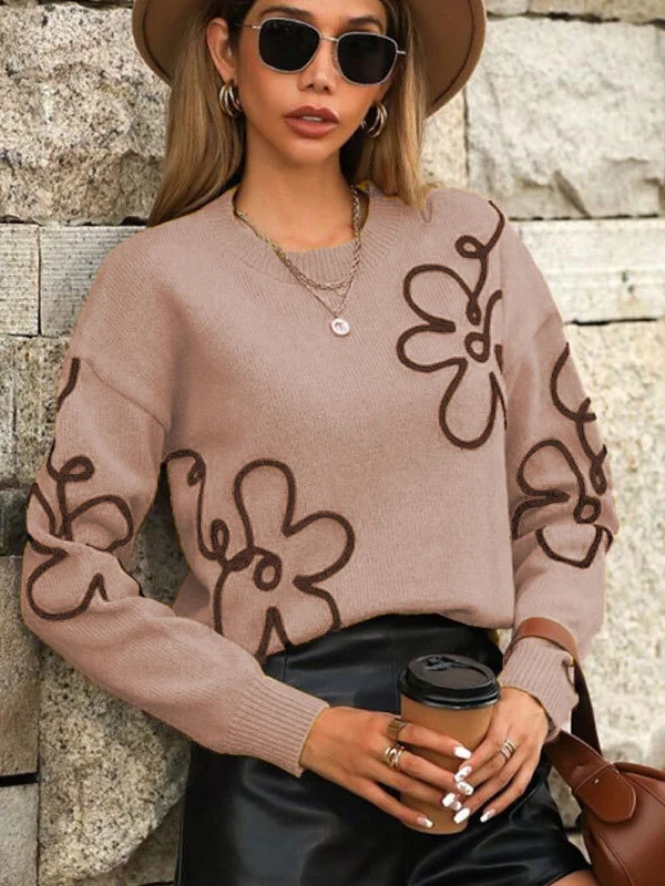 Athvotar Athvotar And Winter New Women's Sweater Fashion Flowers Three-Dimensional Embroidered Round Collar Long-Sleeved Knitted Shirt Woman