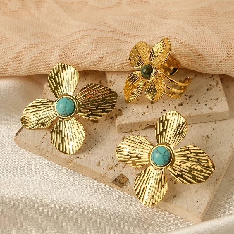 Elegant Sweet Flower 304 Stainless Steel Turquoise 14K Gold Plated Plating Inlay Rings Earrings Jewelry Set