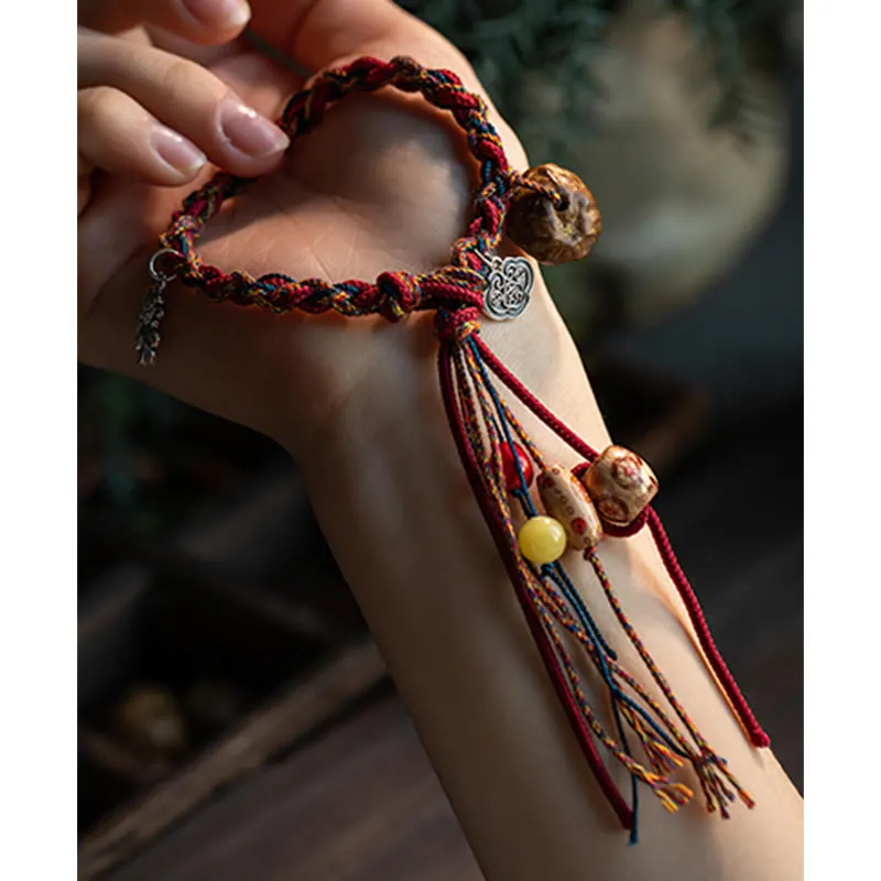 Tibetan Thread 925 Sterling Silver Koi Fish Protection Strength String Bracelet