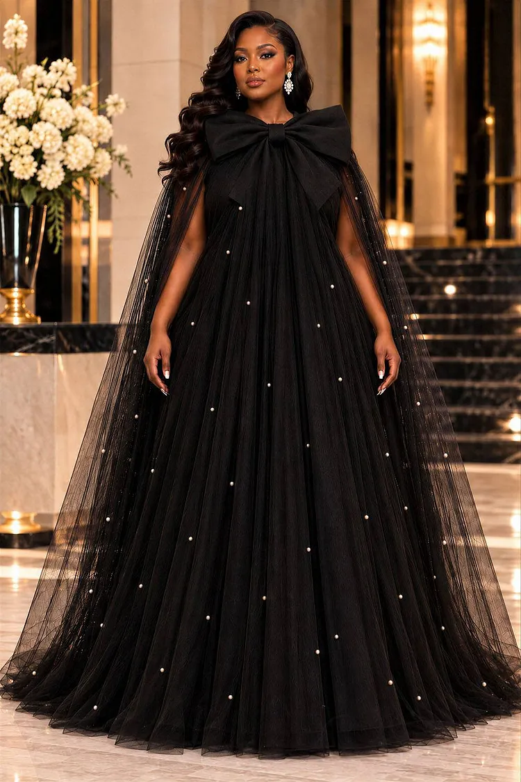 Xpluswear Design Plus Size Formal Black Pearls Bow Tie Tulle Maxi Dresses [Pre-Order] 2024 - Xpluswear