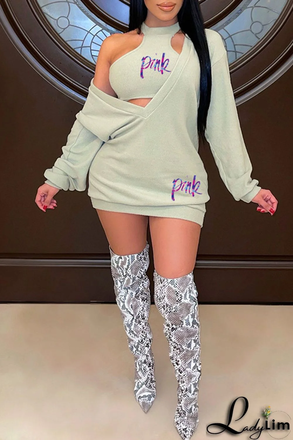 Green Sexy Print Patchwork V Neck Long Sleeve Two Pieces