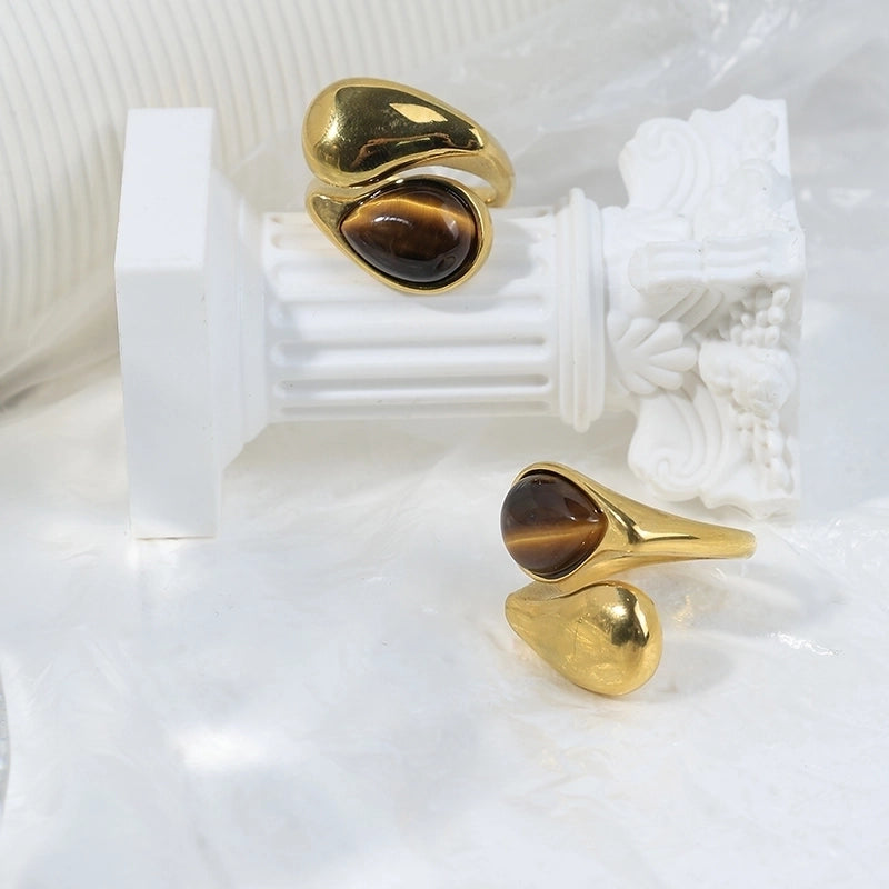 Casual Sweet Cool Style Round Water Droplets 304 Stainless Steel Natural Stone 14K Gold Plated Plating Inlay Rings