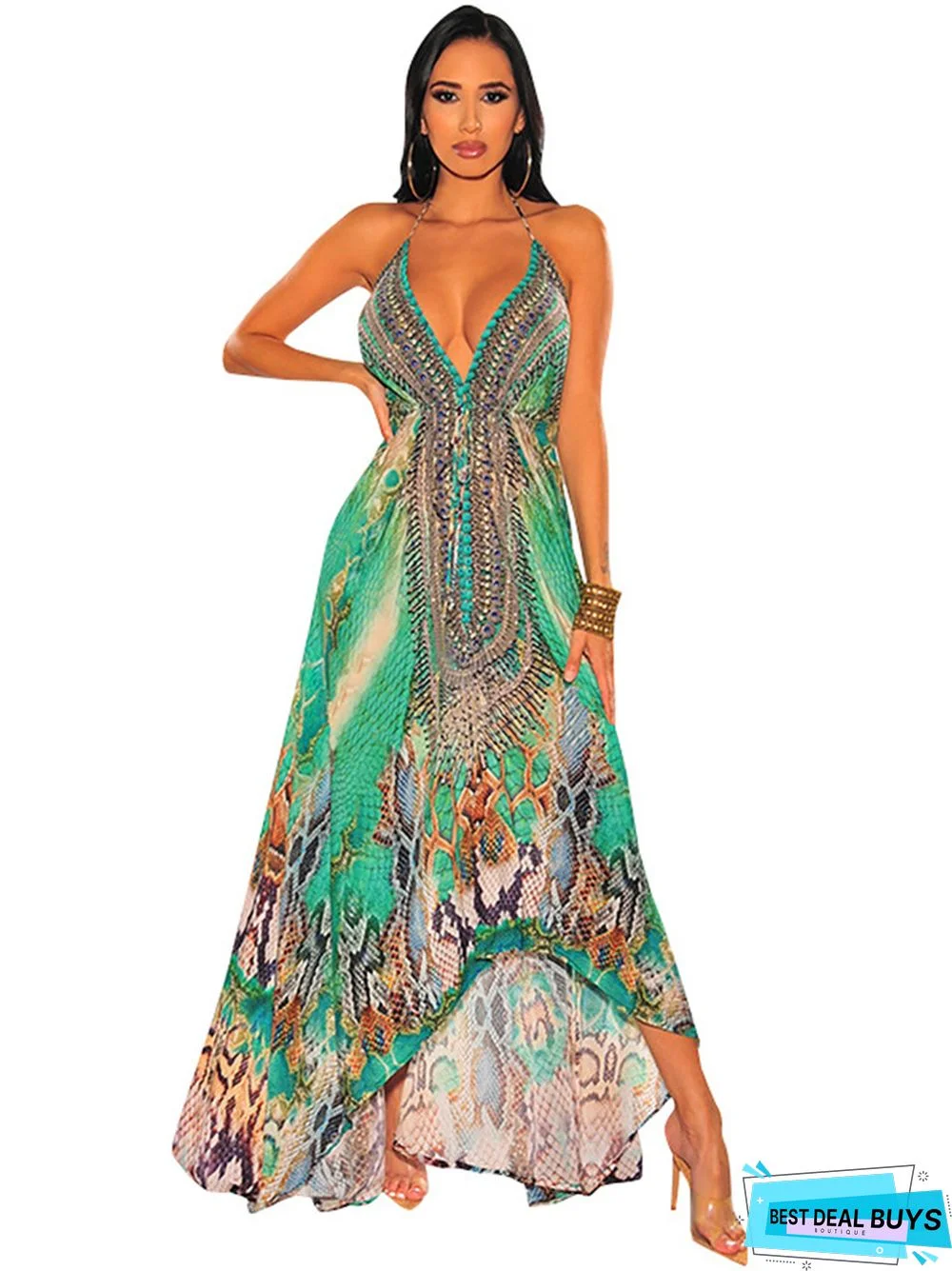 Vintage V-Neck Sexy Backless Skirt Printed Suspender Dress