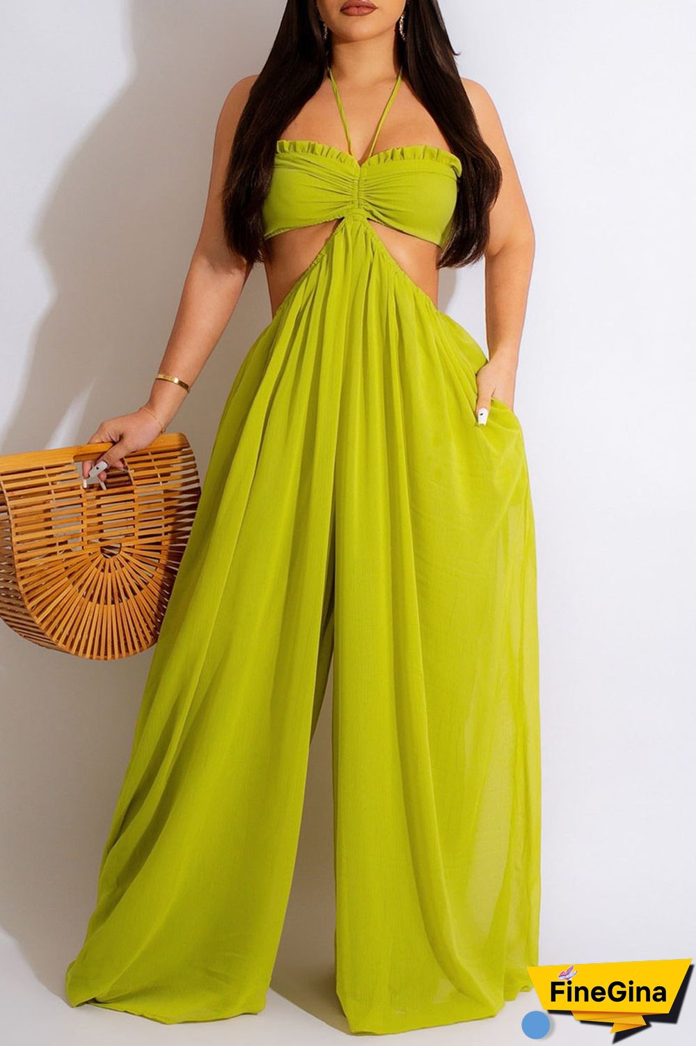 Orange Sexy Solid Patchwork Backless Halter Straight Jumpsuits