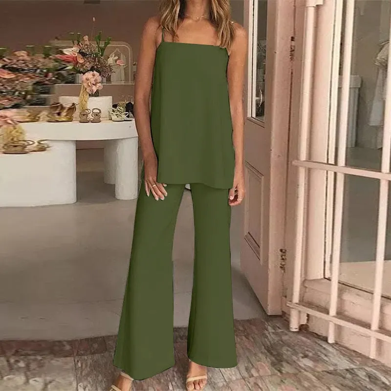 New Fashion Trousers Sets 2 PCS Celmia Women 2022 Sleeveless Straps Tops and Flared Pant Summer Sexy Solid Work Matching Suits