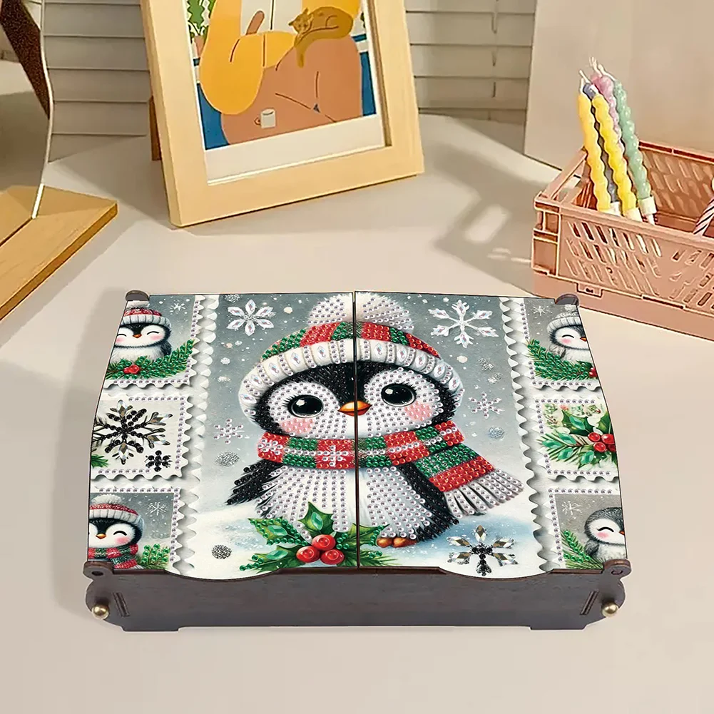 5D DIY Diamond Art Crystal Storage Wooden Case Kit for Home Decor (Penguin)