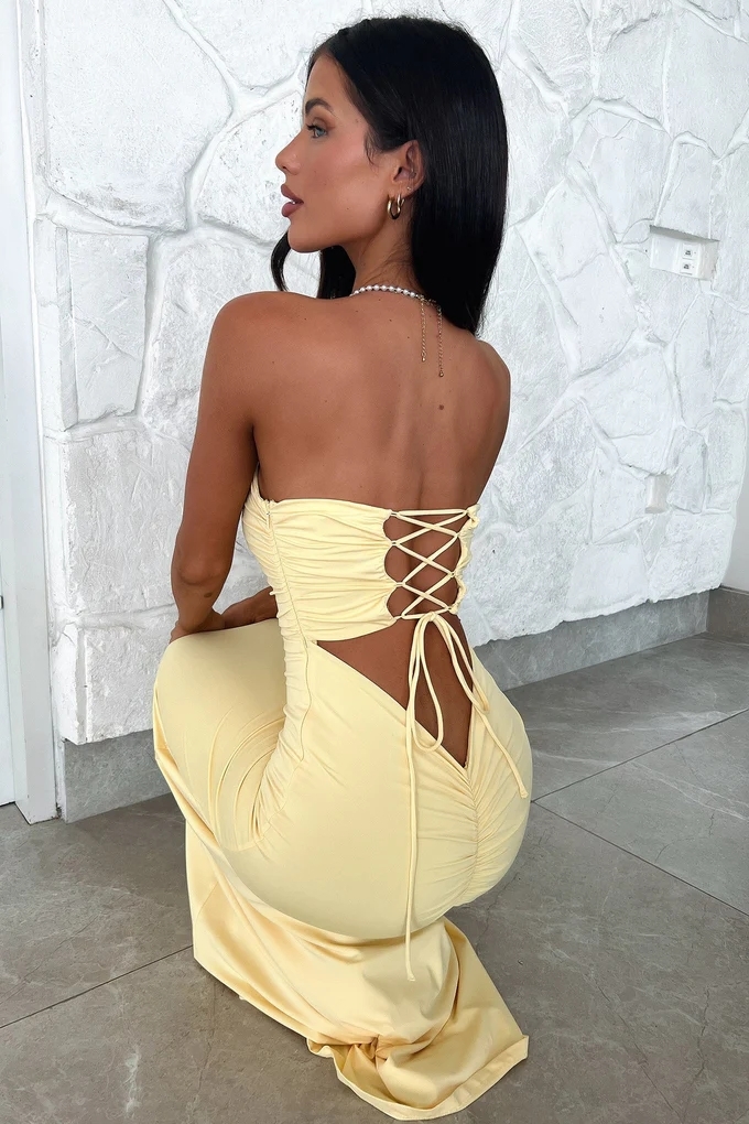 Ootddress Sexy Sleeveless Bodycon Hollow Out Dress For Women Lace Up Pleats Slim Maxi Female Vestidos Elegant Party Evening Dress