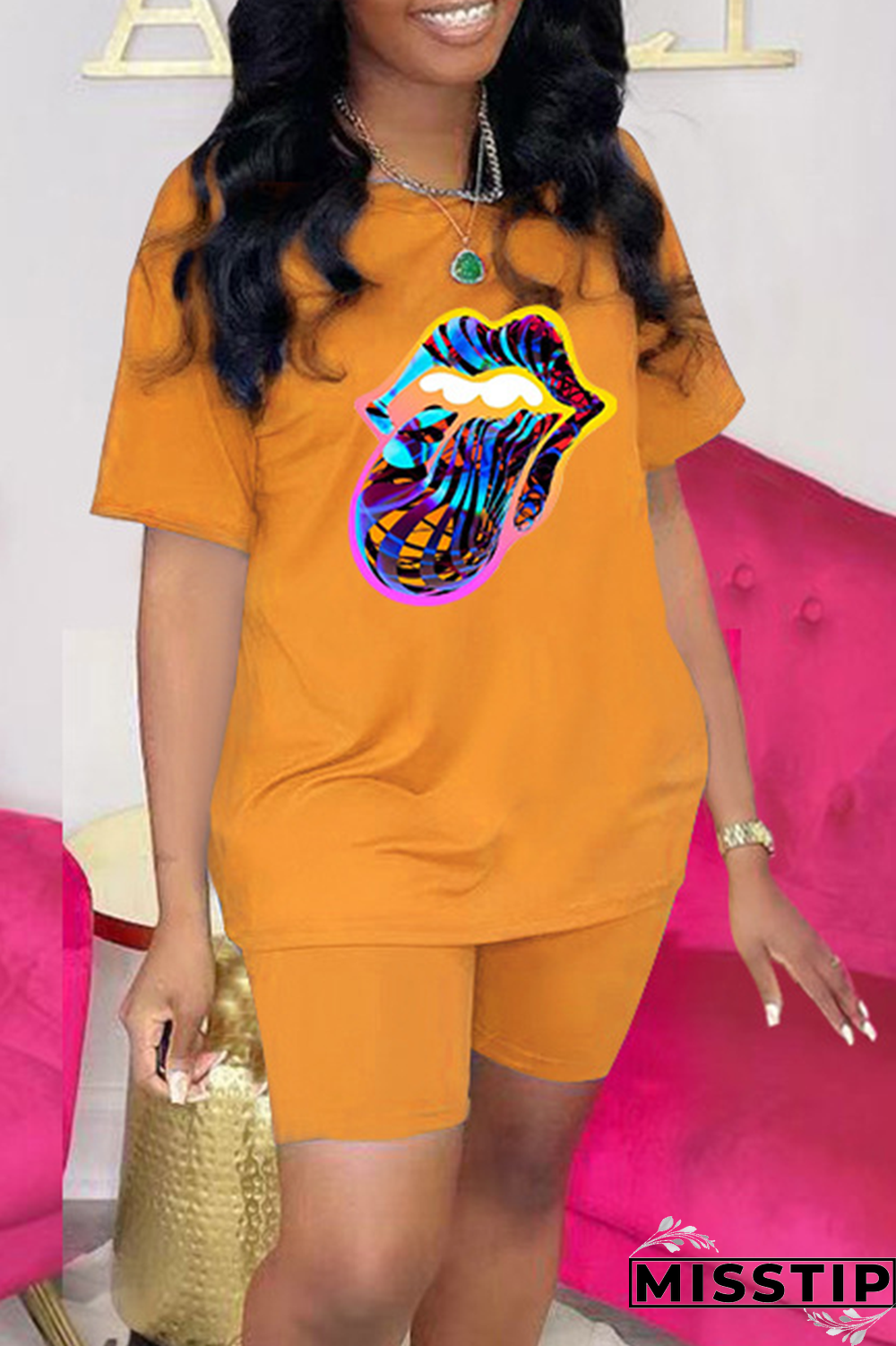 Red Fashion Lips Printed Patchwork O Neck Short Sleeve Two Pieces