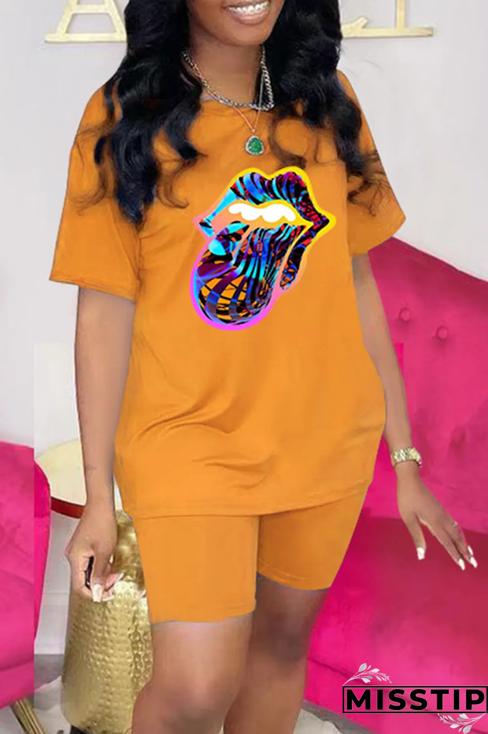 Red Fashion Lips Printed Patchwork O Neck Short Sleeve Two Pieces