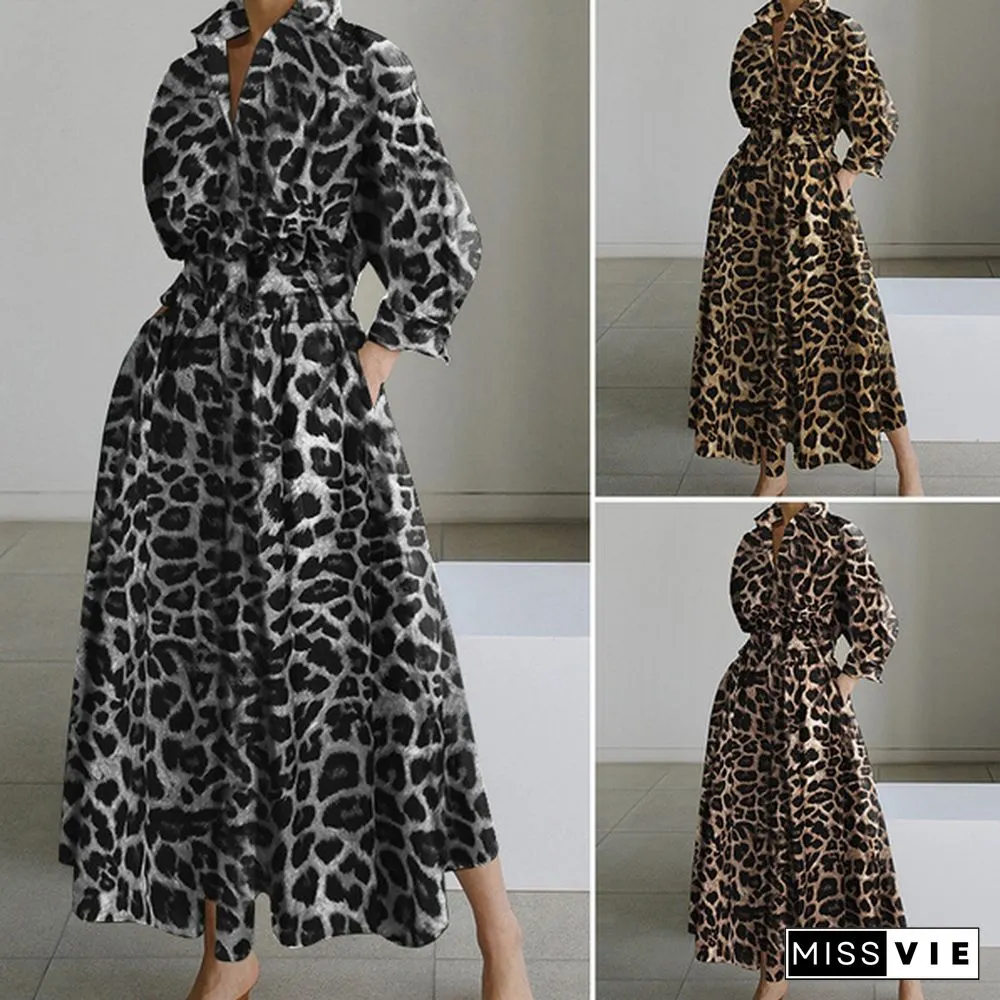 Womens Bohemian Leopard Print Maxi Dress Elegant Full Sleeve Casual Swing Mid-Calf