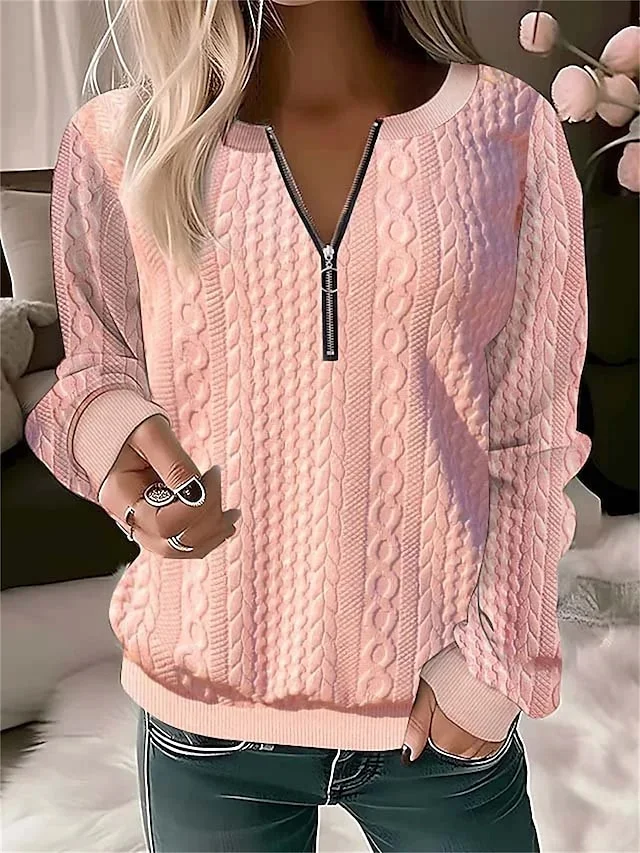 Women's Sweatshirt Pullover Textured Basic Quarter Zip White Pink Green Solid Color Street Casual Round Neck Long Sleeve Top Micro-elastic Fall & Winter