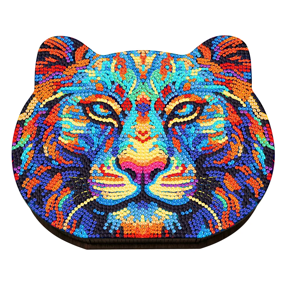DIY Tiger Head Wood Diamond Painting Jewelry Box Kit for Rings Necklace Organizer