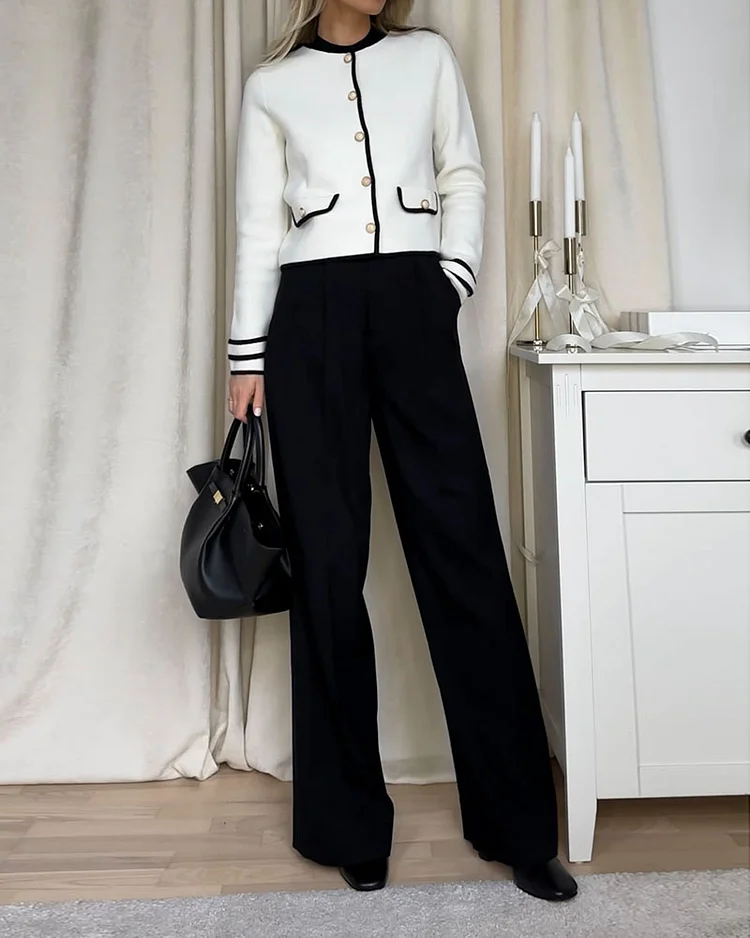 Long-sleeved Buttoned Patchwork Top and Pants Two-piece Suit