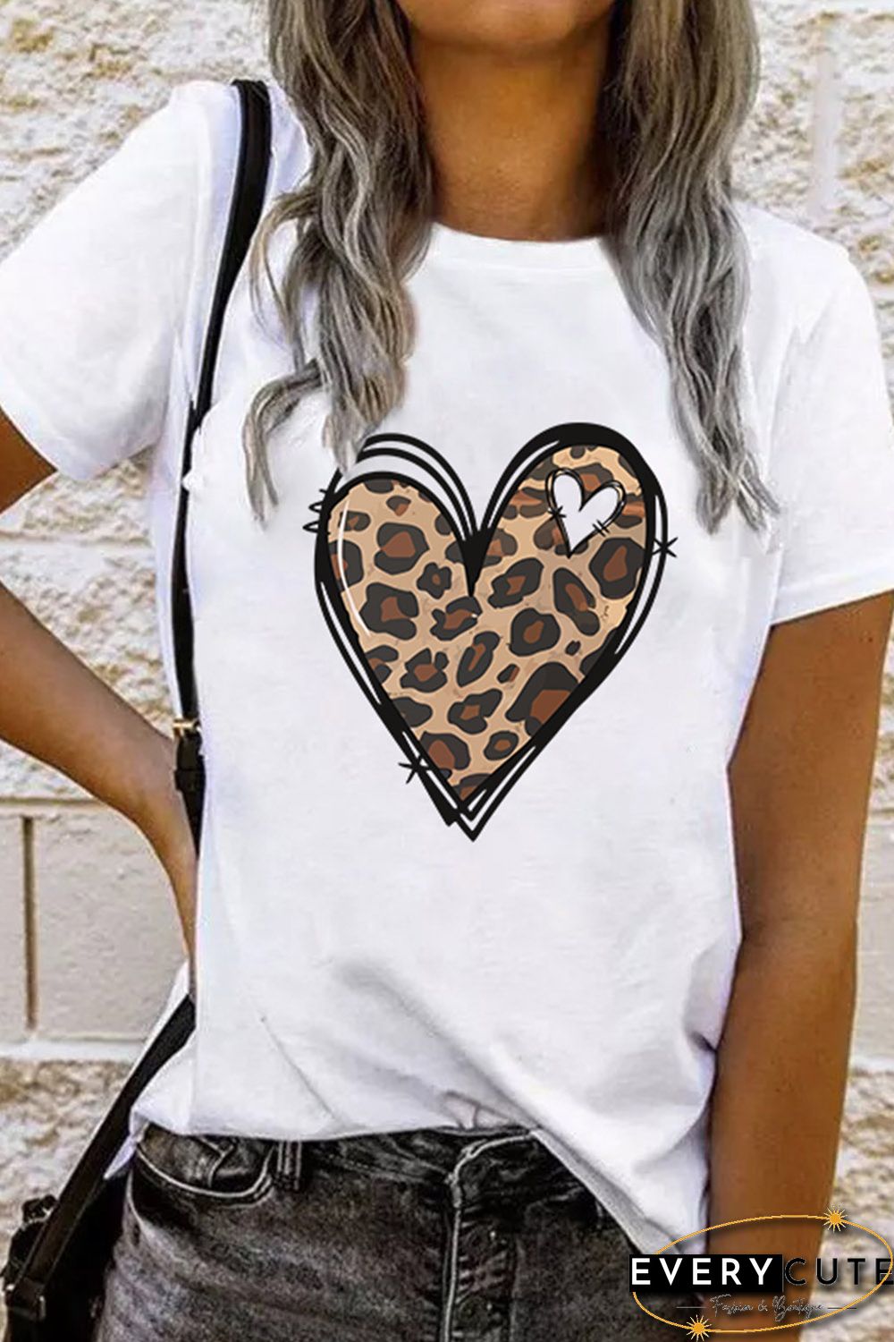 White Leopard Heart Pattern Print Valentines T Shirt