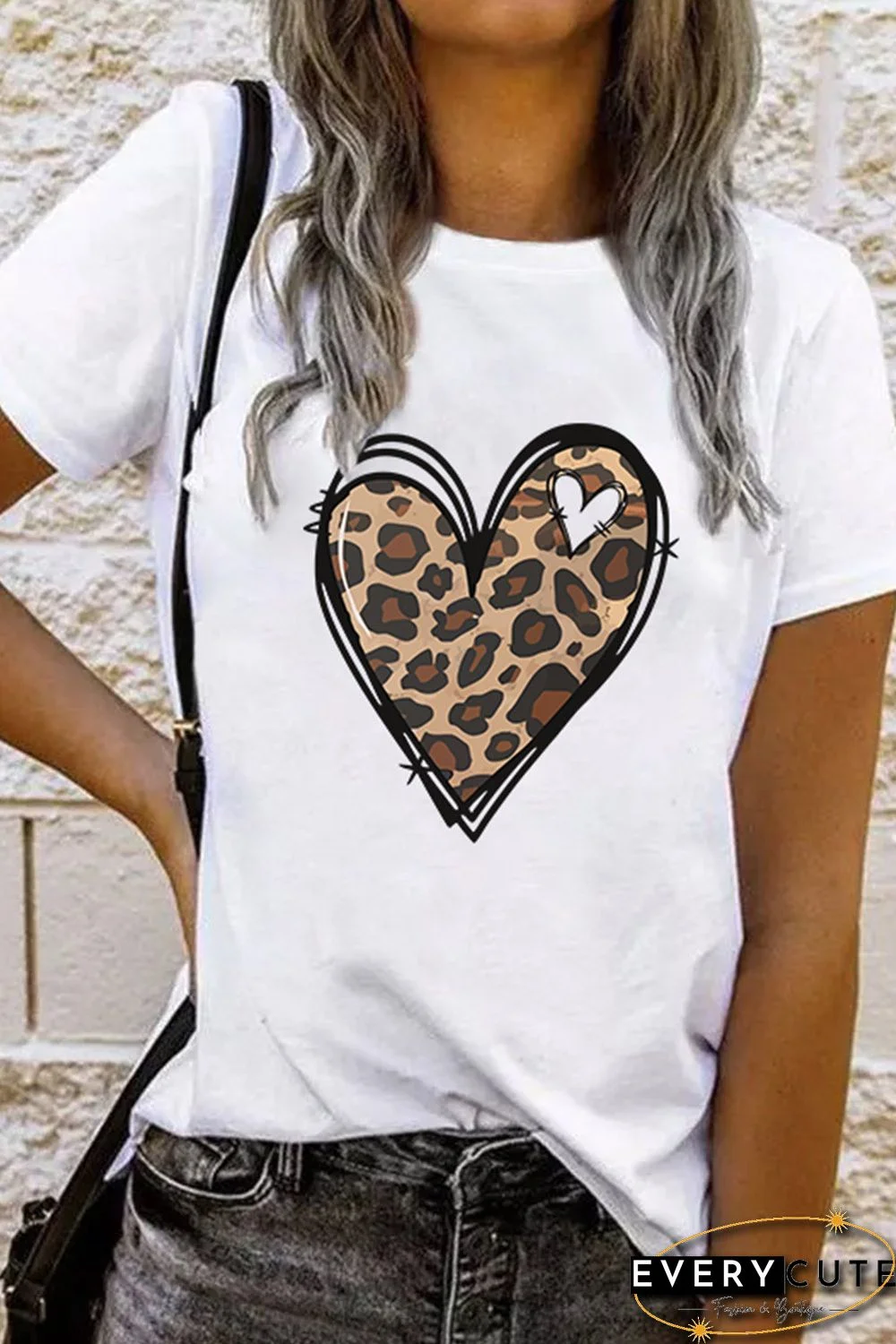 White Leopard Heart Pattern Print Valentines T Shirt