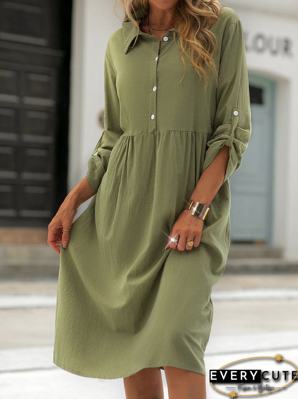 Shirt Collar Shift Long Sleeve Cotton-Blend Dresses Linen