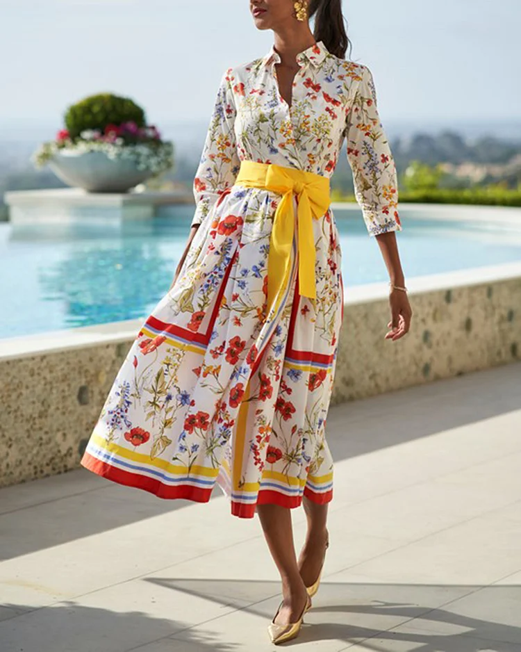 Vacation style floral print splicing draw back dress