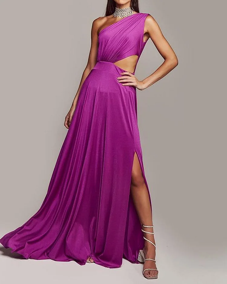 Fashion Solid Color One Shoulder Slit Dress