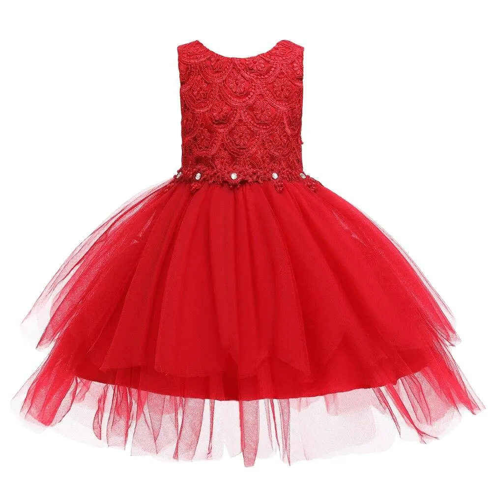 Big Bow Lovely Breathable Princess Kid Dresses For Girl Pink Beaded Layered Tulle Flower Dress Child of 2-10 Year