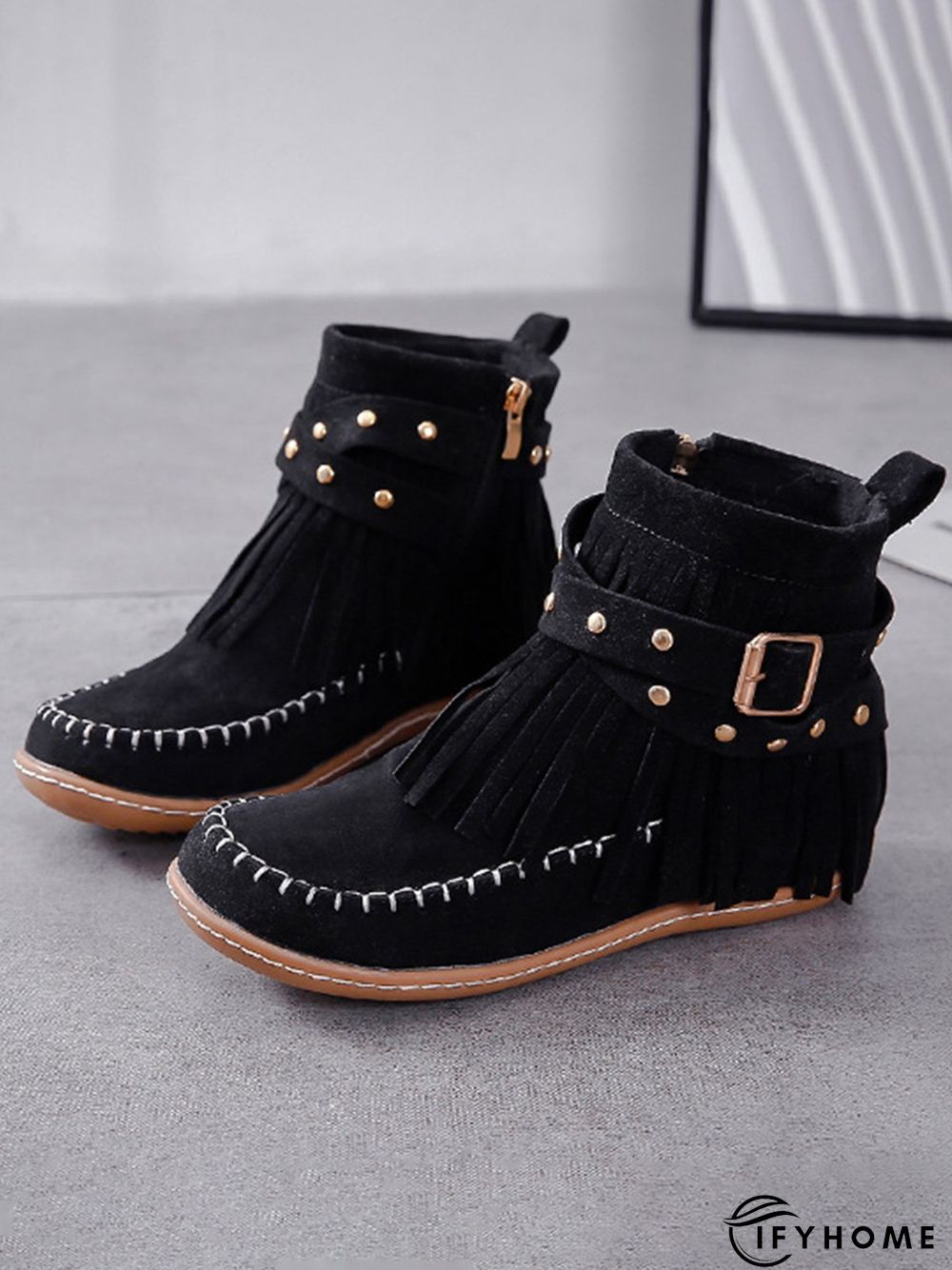 Vintage Fringe Studded Flat Round Toe Buckle Booties | IFYHOME