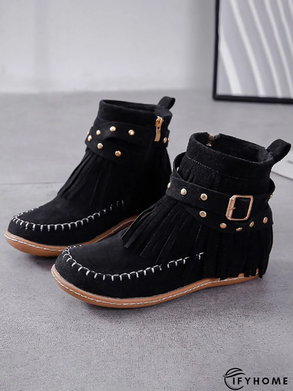 Vintage Fringe Studded Flat Round Toe Buckle Booties | IFYHOME