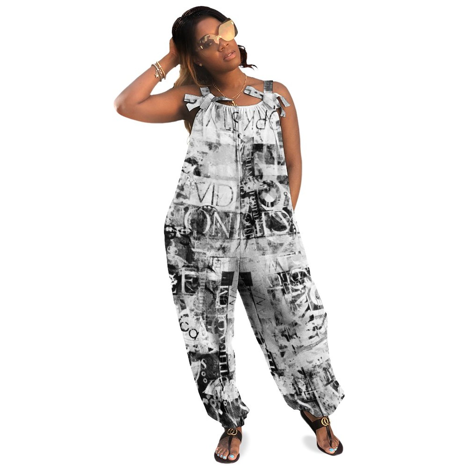 Black And White Graffiti Collage Women Plus Size Jumpsuit Summer Loose Harem Pants Casual Loose Romper Jumpsuit Long Length Polyester Spandex