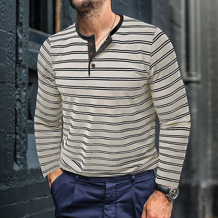 Men's Casual Striped Henley Slim Fit Long Sleeve T-Shirt