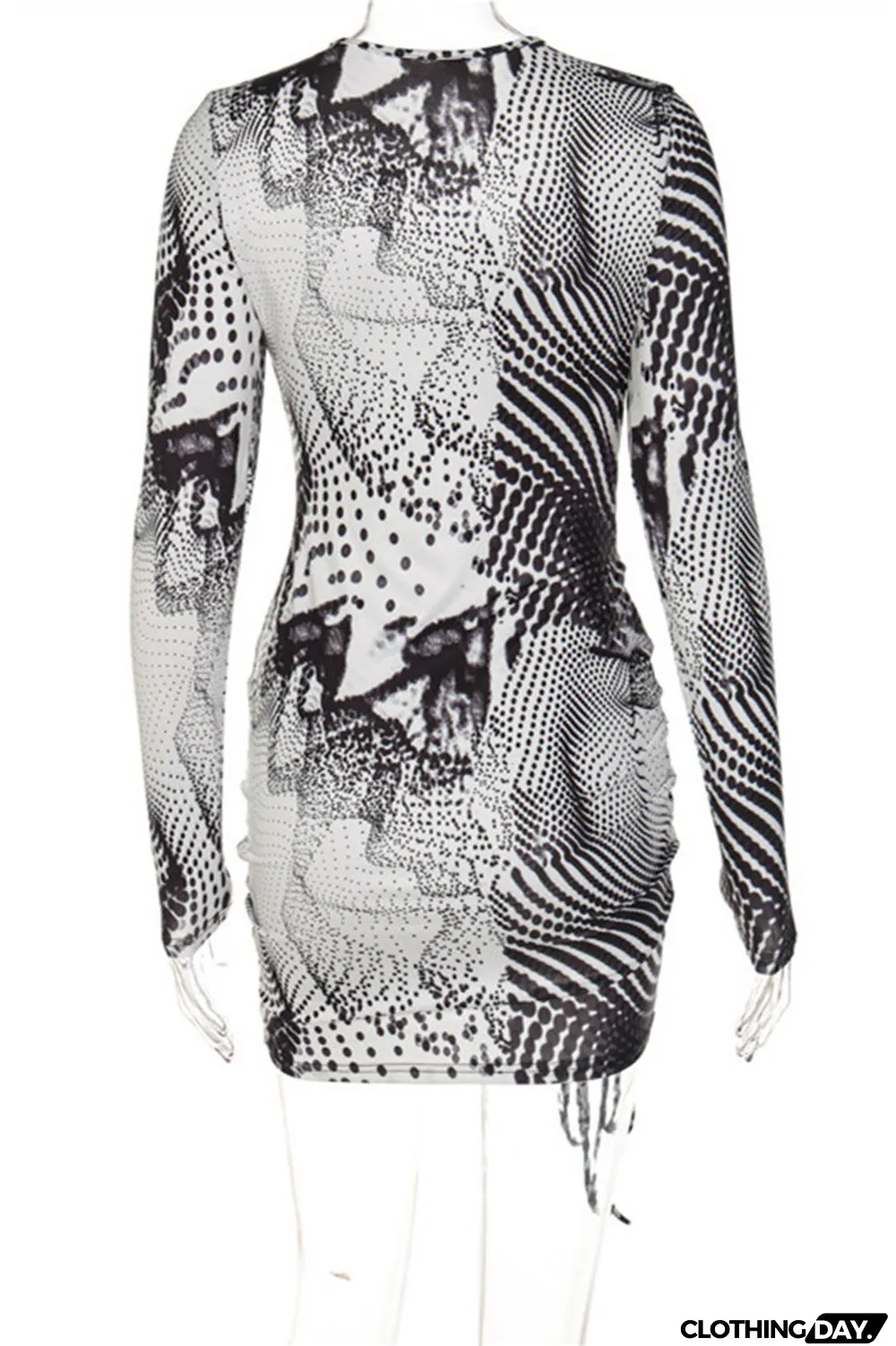 Black Fashion Sexy Print Hollowed Out O Neck Long Sleeve Dresses