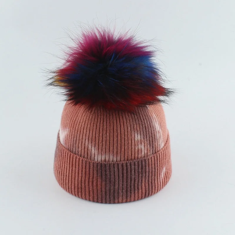 2021 New Fashion Winter Thicken Knitted Hats Warm Real Racoon Fur Pompom Unisex Beanie Tie-dyed Cap Adults Head Cover